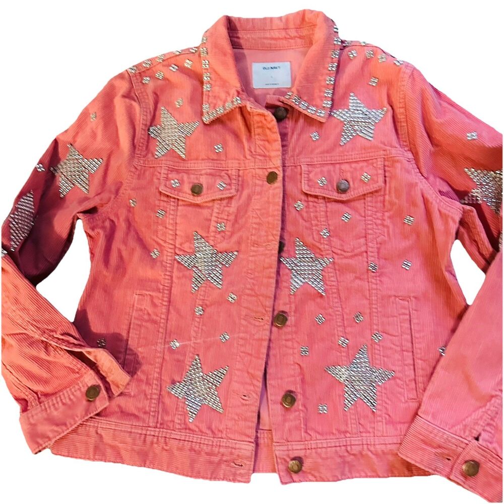 Old Navy Star Rhinestone Pink Corduroy Trucker Jacket Western SZ L 100% Cotton